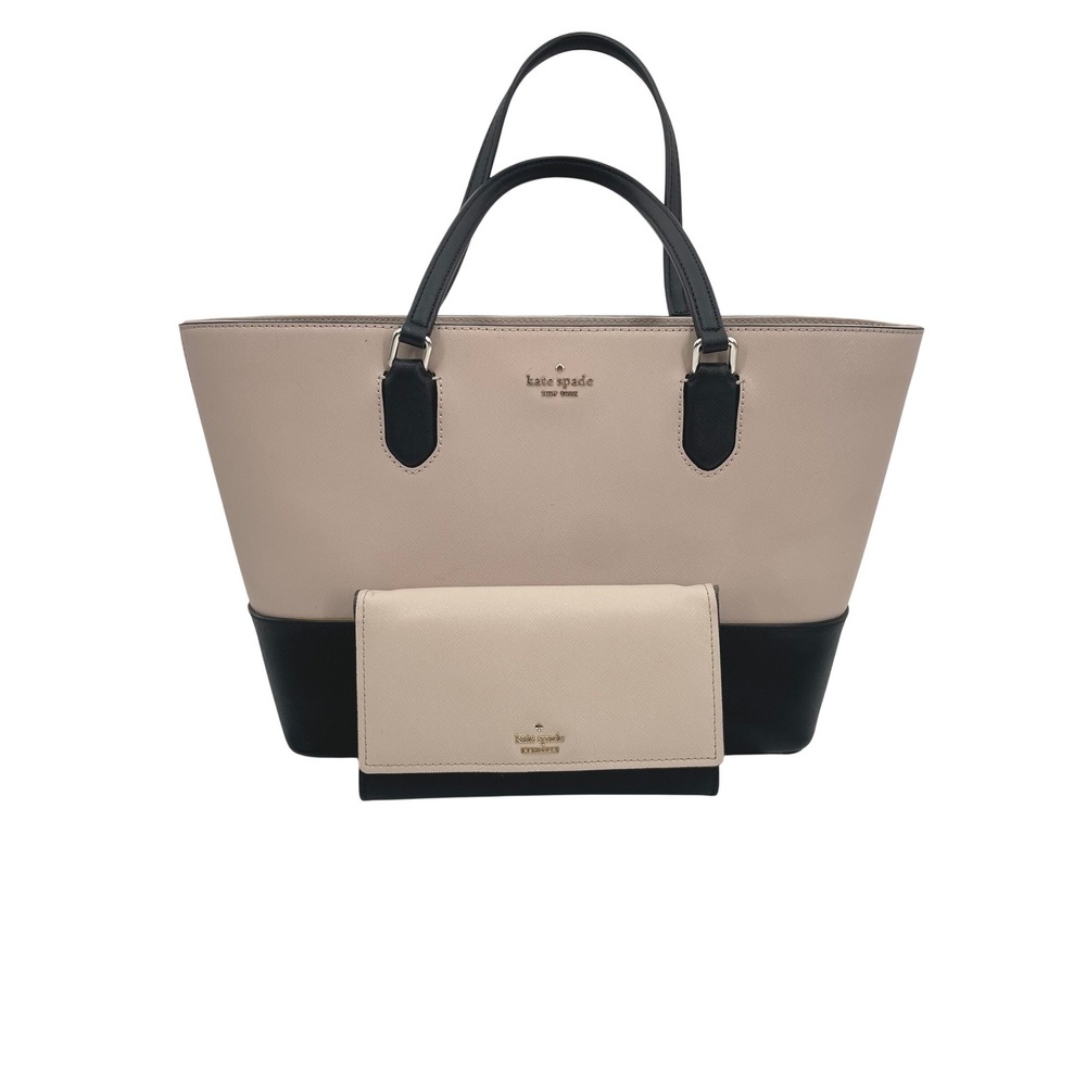 Kate Spade Tote Bag Wallet Women Large Beige Black Leather Classic Luxury Flawed